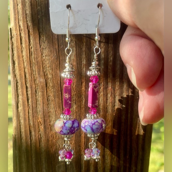 Purple and Pink Beaded Hand Crafted Earrings - Picture 4 of 6